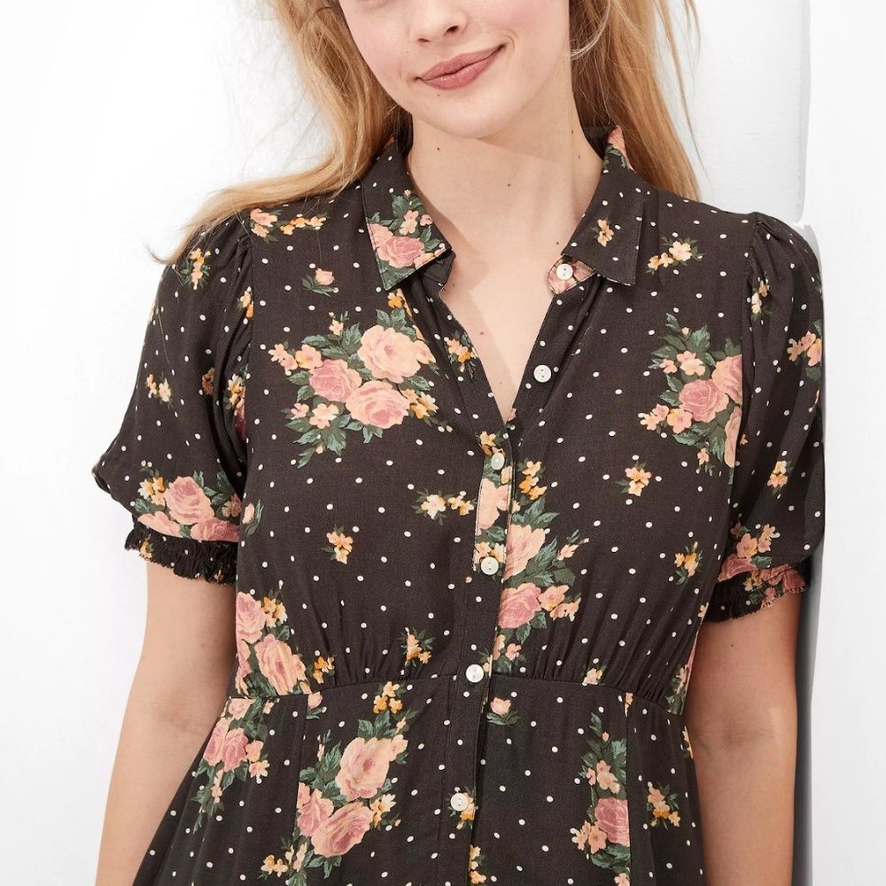 American Eagle AE Floral Polka Dot Puff Sleeve Grey Shirt Dress size XS - Picture 7 of 9